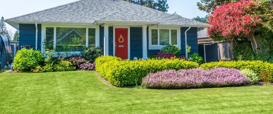 A blue house with beautiful landscaping.