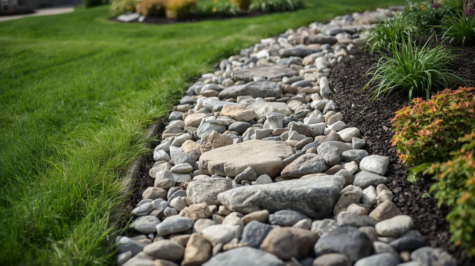 Drainage path directing runoff away from a wet lawn area