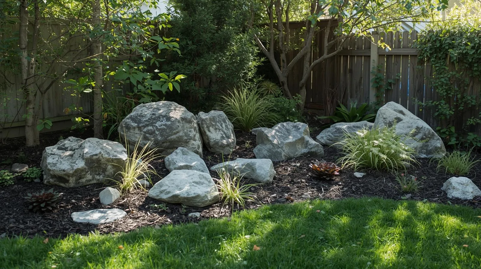 Decorative landscape rock used in a low-maintenance backyard bed