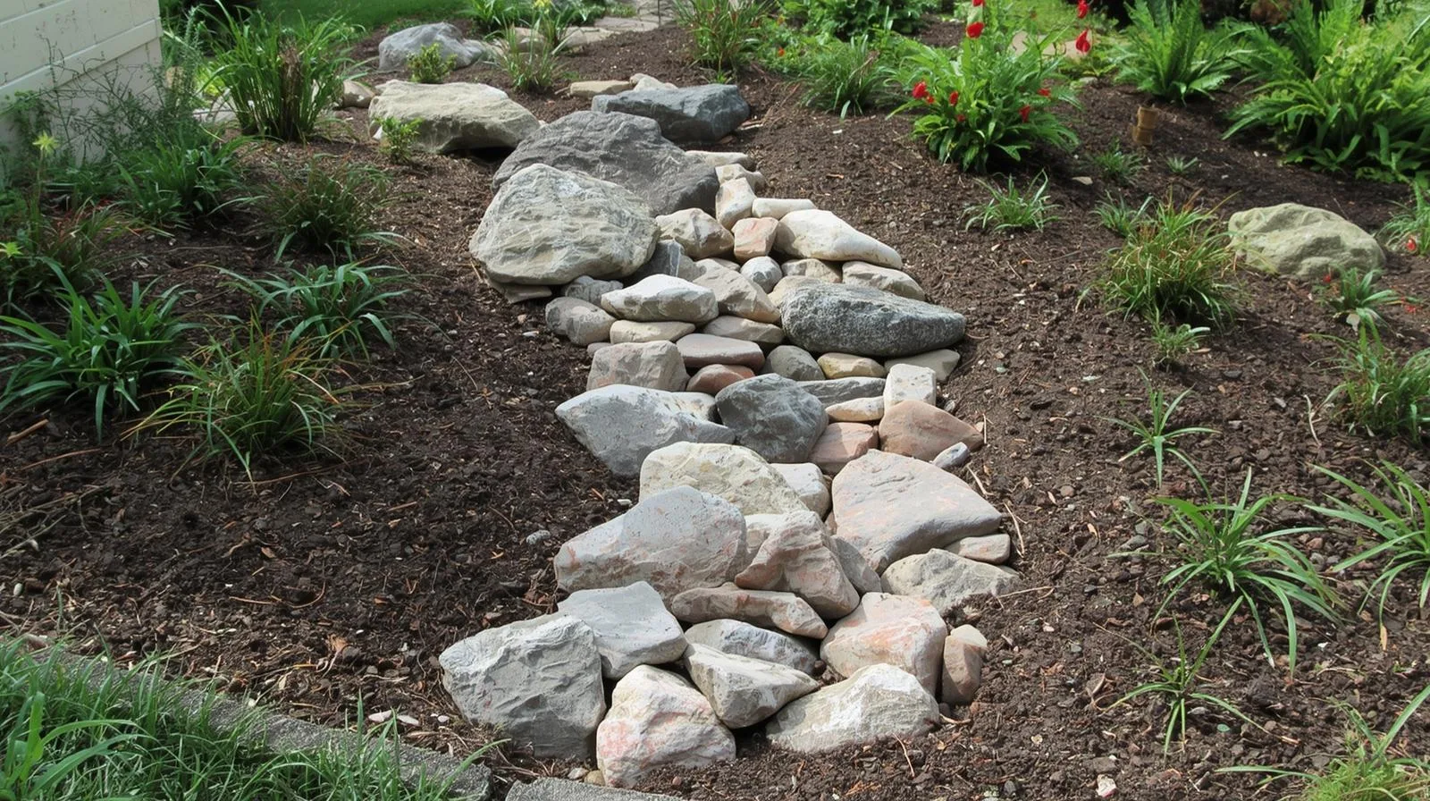 Rock lined drainage detail beside turf on Carolina clay
