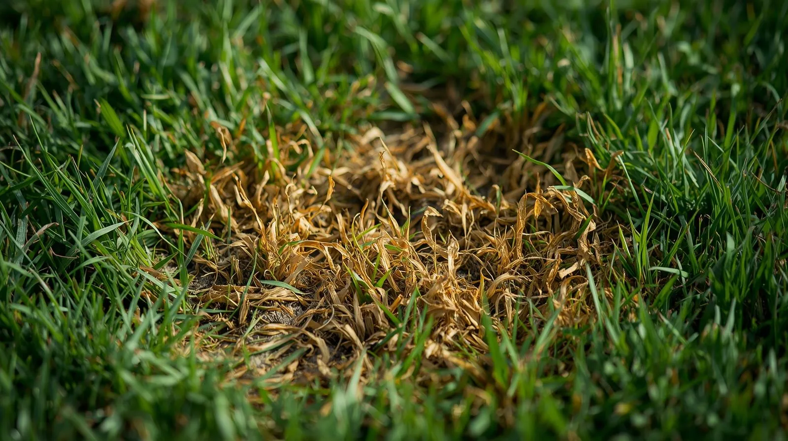 Sunny warm season turf edge with insect clipping stress on a Carolina lot