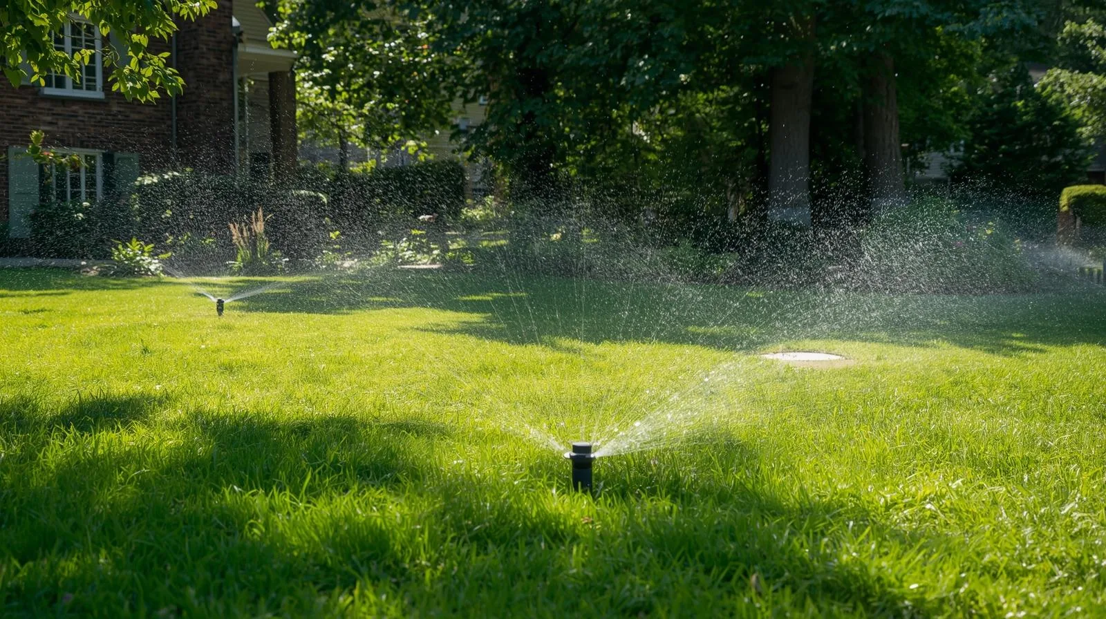 Sprinkler coverage on a Carolina clay lawn bank near Waxhaw
